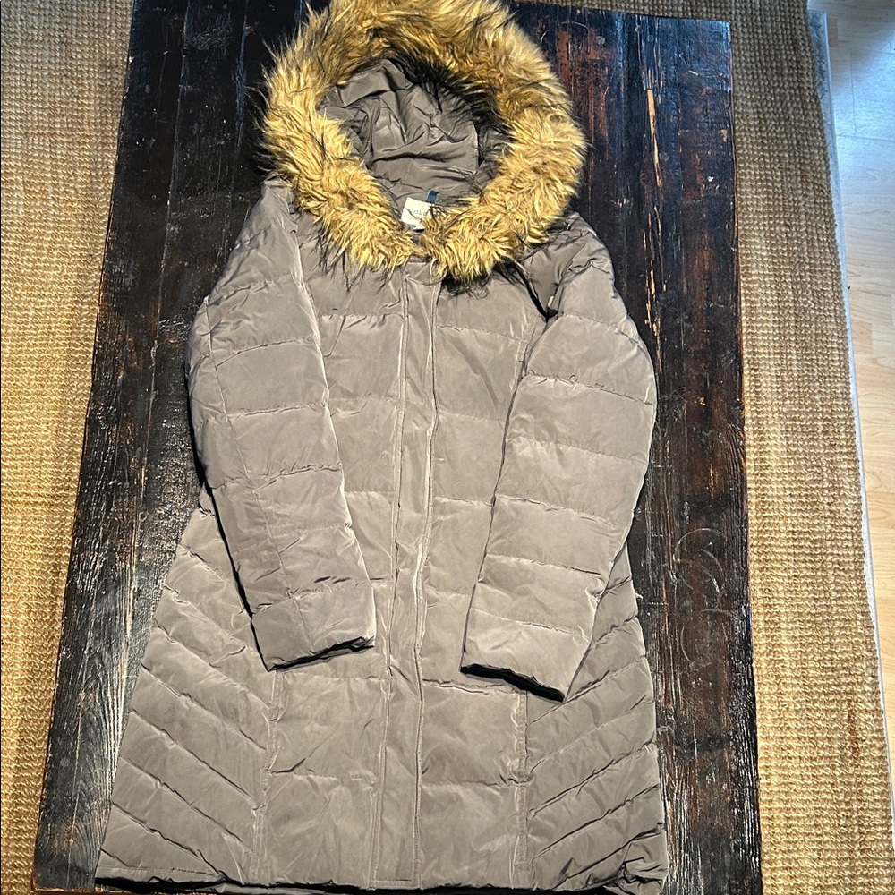 Cole Haan Taupe / Grey Hooded Down Puffer Coat mid length Faux Fur Trimmed Hood